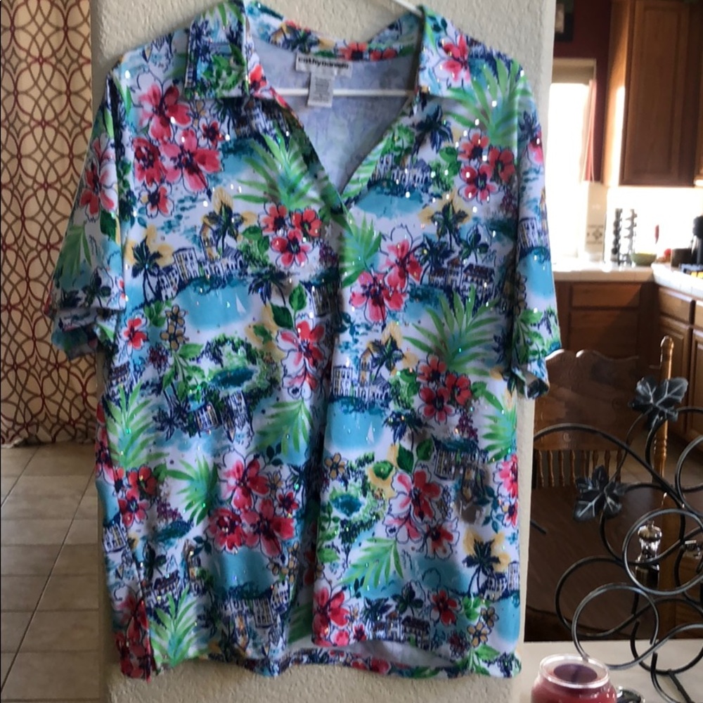 Cathy Daniels tropical sequins top.